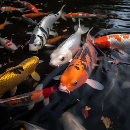 Koi fish swimming in the pond with autumn leaves in the backgroundの素材