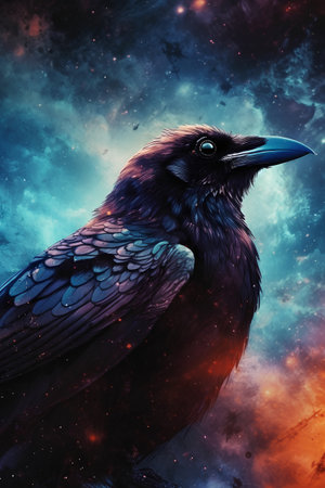 Crow in space. Fantasy and dreamy illustration. Digital painting.の素材