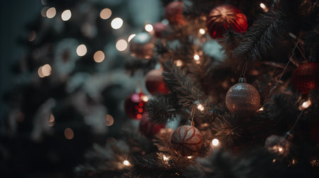 Christmas tree with red and gold baubles and lights. New Year backgroundの素材