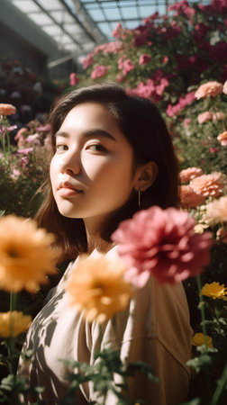 Young beautiful asian woman in flower garden, lifestyle people concept.の素材