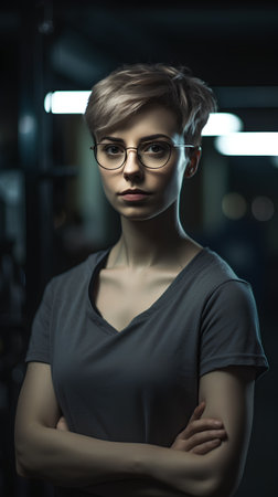 Portrait of a beautiful young woman with glasses in the gym.の素材