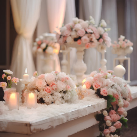 Wedding decoration with flowers and candles. Wedding in the interiorの素材