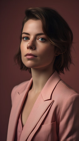 Portrait of a beautiful young woman in a pink suit. Studio shot.の素材