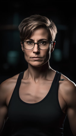 Portrait of a handsome young man with glasses in the gym.の素材