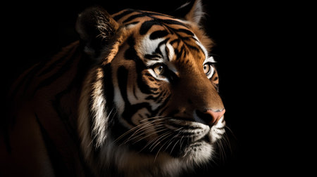 Portrait of a tiger on a black background in the studio.の素材