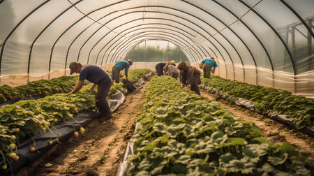 Group of farmers harvesting strawberries in a greenhouse. Selective focus.の素材