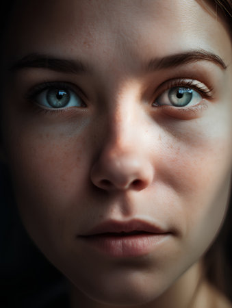 Close up portrait of a beautiful young woman with blue eyes on a dark backgroundの素材