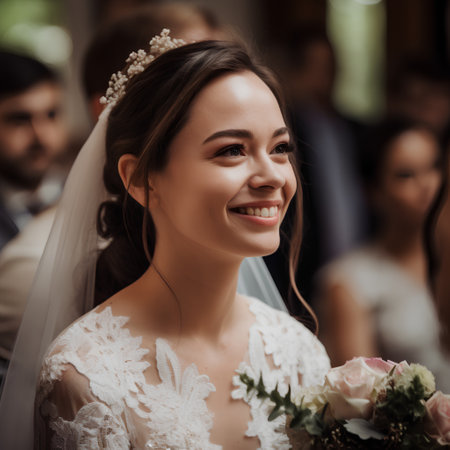 Portrait of a beautiful young bride with a bouquet of flowersの素材