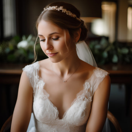 Portrait of beautiful bride with makeup in fashion wedding dress indoors.の素材