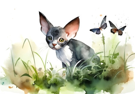 Watercolor portrait of a cat in the grass with butterflies. Hand drawn illustrationの素材