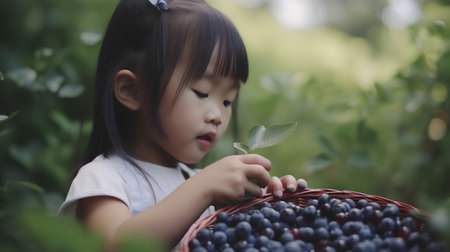Little asian girl picking blueberries in the garden, shallow depth of fieldの素材