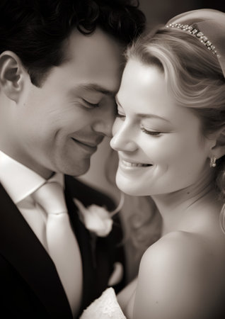 Happy bride and groom on their wedding day. Black and white photo.の素材