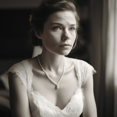 Portrait of the bride in a white dress with pearls.の素材