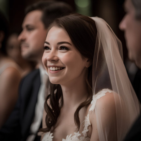 Beautiful bride posing in her wedding day with her husband and friendsの素材