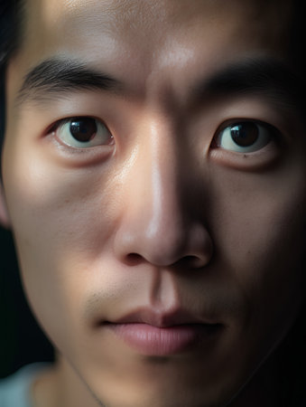 Close up face of asian man on dark background, face expressionの素材