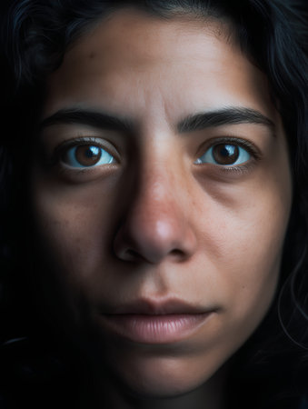 Close up portrait of a young woman looking at the camera with a serious expressionの素材