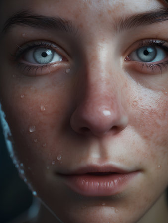 Closeup portrait of young beautiful woman with water drops on her faceの素材