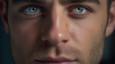 Close up portrait of a young man looking at the camera with blue eyesの素材