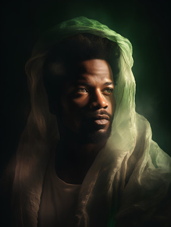 Young african american man with green veil over dark background.の素材