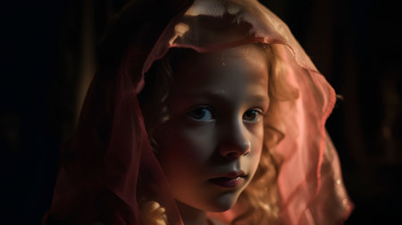 A closeup shot of a doll wearing a veil in a dark roomの素材