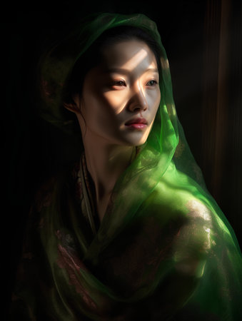 Portrait of beautiful asian woman with green veil on dark backgroundの素材