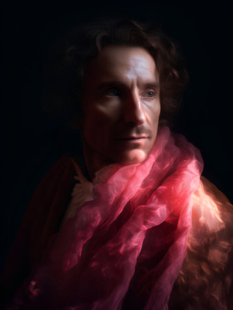 Portrait of a man in a red scarf. Studio shot.の素材