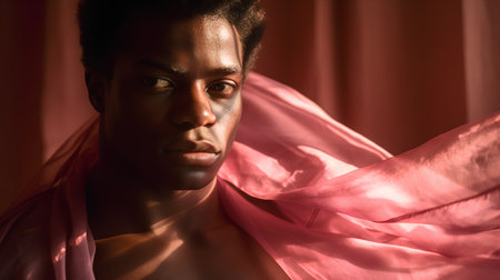 Portrait of a handsome african american man wrapped in pink silkの素材