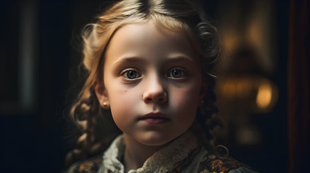 Portrait of a little girl with braids in the room.の素材