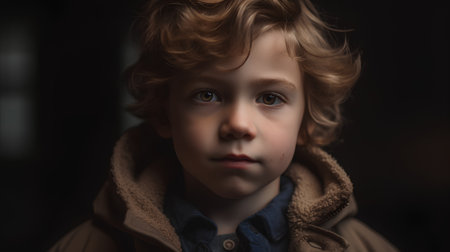 Portrait of a sad little boy with curly hair in a brown coatの素材
