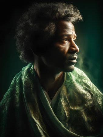 Portrait of a black man with afro hairstyle and green scarf over dark background.の素材