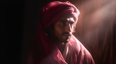 Portrait of Jesus Christ in red turban on dark background.の素材
