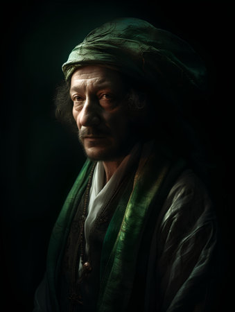 Portrait of an old man in a turban on a black backgroundの素材