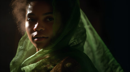 Portrait of a beautiful young african american woman with green scarfの素材