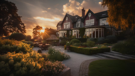 Luxury house in the garden at sunset, 3d renderの素材