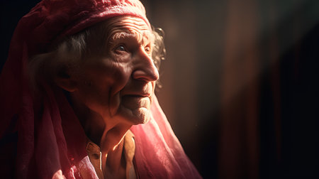 Portrait of an elderly woman in a red robe. Studio shot.の素材
