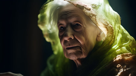 Portrait of an elderly woman in a green scarf at home.の素材