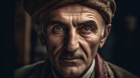 Portrait of an old man with a turban on his headの素材