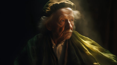 Portrait of an old man in a green hat on a dark backgroundの素材