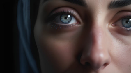 Close-up portrait of a beautiful girl with blue eyes and black veilの素材