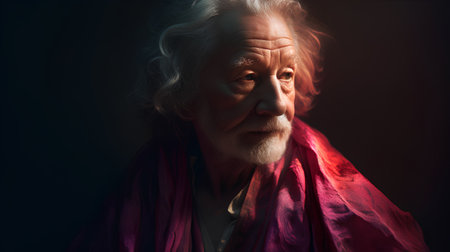 Portrait of an elderly man with a red scarf on a dark background.の素材