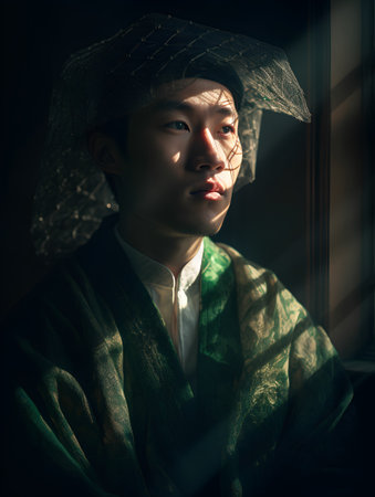 Portrait of a young Asian man in a green shawl.の素材