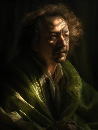 Portrait of an old man in a green scarf on a dark backgroundの素材