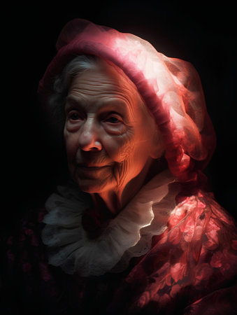 Portrait of an elderly woman in a red dress on a black background.の素材