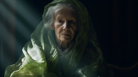Portrait of an elderly woman with a green scarf in the darkの素材