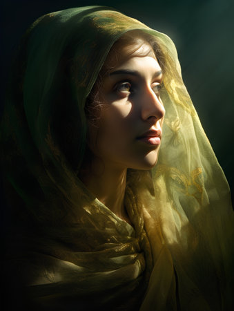 Portrait of a beautiful girl in a green veil over dark backgroundの素材