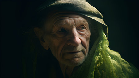 Portrait of an old man in a green scarf on a black backgroundの素材