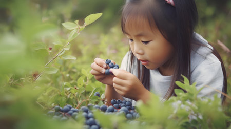 Little asian girl picking blueberries in the garden, vintage color toneの素材