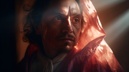 Portrait of a man in a red scarf on a dark background.の素材