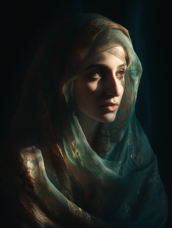Portrait of a beautiful girl in a turban over dark backgroundの素材