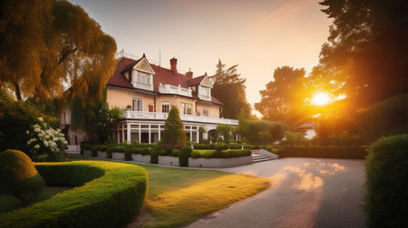 Luxury mansion in the park at sunset, toned imageの素材